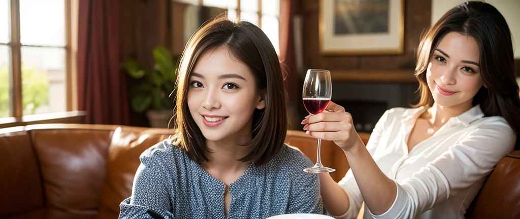 ((highest quality、8K、masterpiece:1.3))、Sharp focus:1.2、Beautiful woman perfect body:1.4、Slim body、((Bob Hale、Straight hair:1.2))、(to be born, highest quality, masterpiece:1.5), (Realistic, Intricate details:1.2), Ultra-high resolution, Amazing view of the sunset sky and clouds、Amazing mountain views、A bright smile、A lovely woman with a smile、Bright image、2. The beauty of wine, Beautiful Face, blue eyes, The light shines on your face, Blushing, short hair,Bright Face、Fox face、 (36 years old), 39 years old, Lady、red wine 、Appetizers、Italian food、Wine bottle、champagne、sparkling wine、Two beauties、Brown Hair、Shortcuts、Long sleeve shirt、dress、Pretty Woman 1, (Slim face), (The body is slim), (Brown Hair), (Shortcuts), cheeks turn a little red,Attractive beauty、, Out of the window, A beautiful and detailed night view unfolds.........., restaurant, In a prominent place (From the waist up) Nova Frog Style, actress, Model, Upper Body, White wine, slim, wine glass, Wine glass placed in the center, smile, (smile: 1.15), Beautiful fine grain, Depth f/2,saturation, High Contrast, Strong light and shadow,Moist Body:1.5、3D texture、Delicate eyes、Brown Hair、The hair is very shiny、