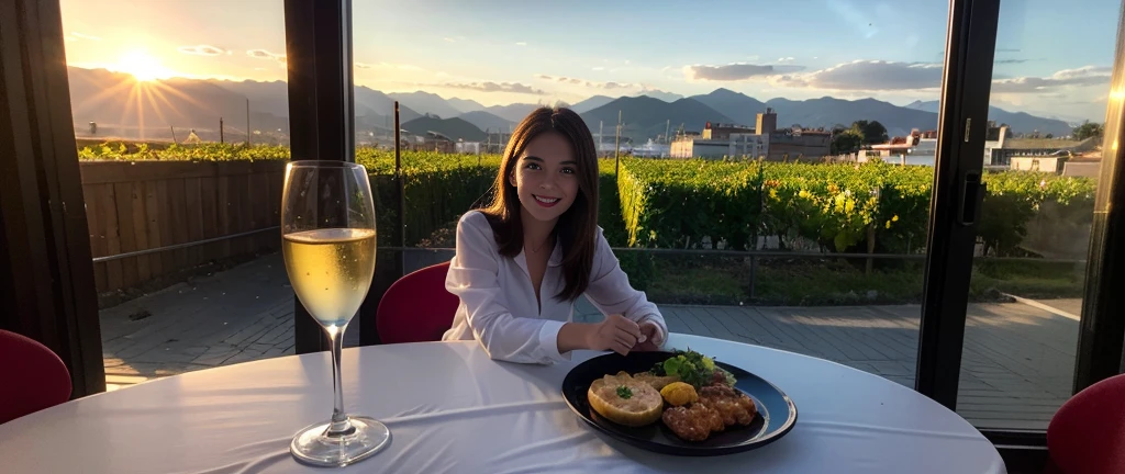 （Realistic:1.1）,(masterpiece,Highest quality)，8k,(44 years old), 42 years old, slimカップル、Model Couple、actress/actor、Tight waist,Upper Body,full-course dinner、wine 、Amazing view of the sunset sky and clouds、Perfect Anatomy, Brown Hair, short hair,Random Hairstyles,((Highly detailed face and eyes:1.2))(cute顔:1.4)，美しいactressの顔，Perfect golden ratio face，Long sleeve shirt、dress,(smile:1.2)、Shortcuts、cute、(Realistic, Intricate details:1.2), A bright smile、short hair,Bright Face、赤wine 、Appetizers、Italian food、wine bottle、Champagne、スパークリングwine、(slimな顔), (The body is slim), (Brown Hair), (Shortcuts),  Upper Body, 白wine, slim, wineグラス, 