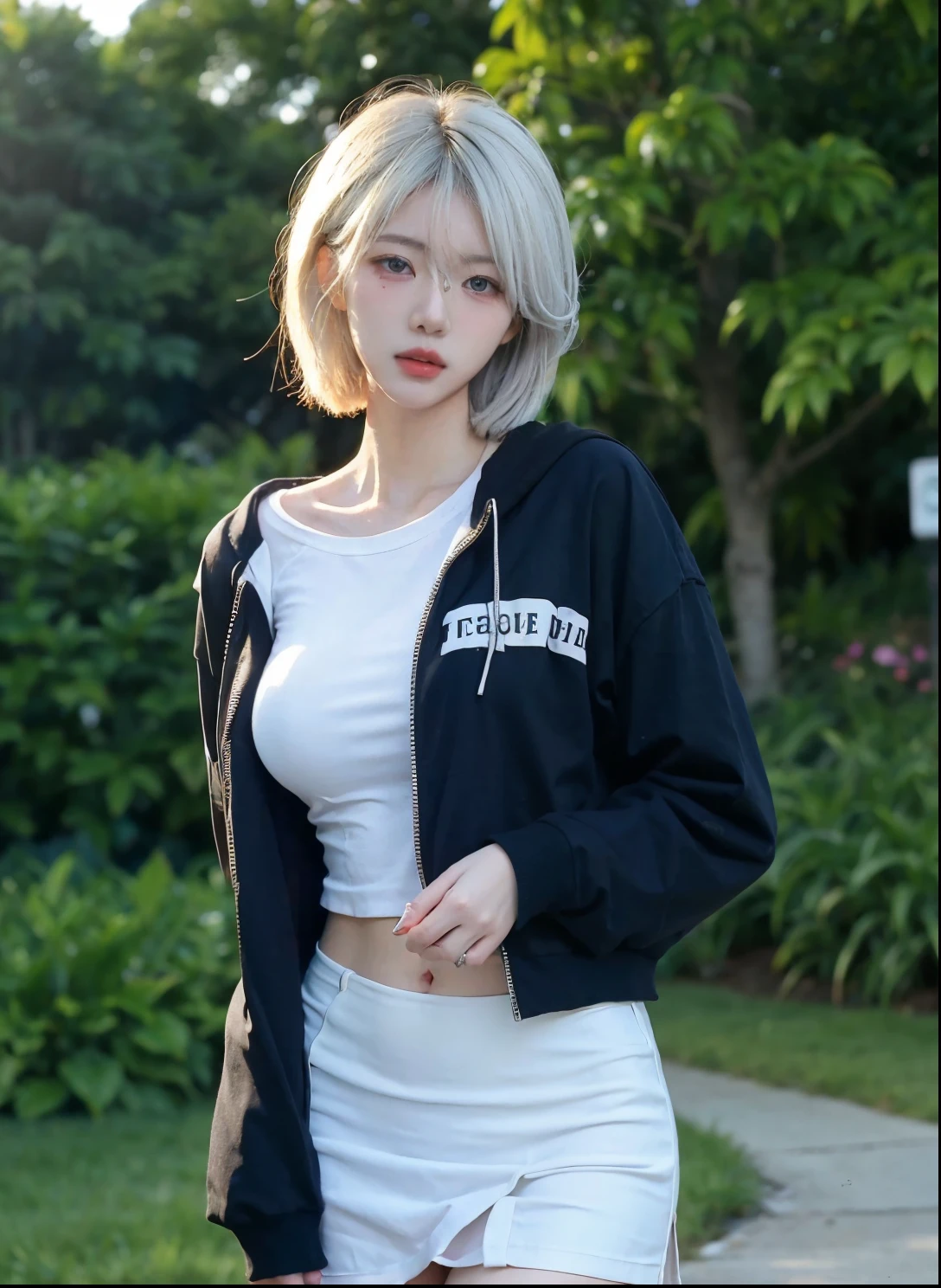 Beautiful woman with perfect figure:1.4，Ultra-high resolution，Garden Background，wear glasses，White背景，（lifelike：1.4），Layered Hairstyle，White皮肤，Super short pleated skirt，whole body，Very delicate face and skin texture，Double eyelids，Skin Whitening，Long hair，White hair，White，