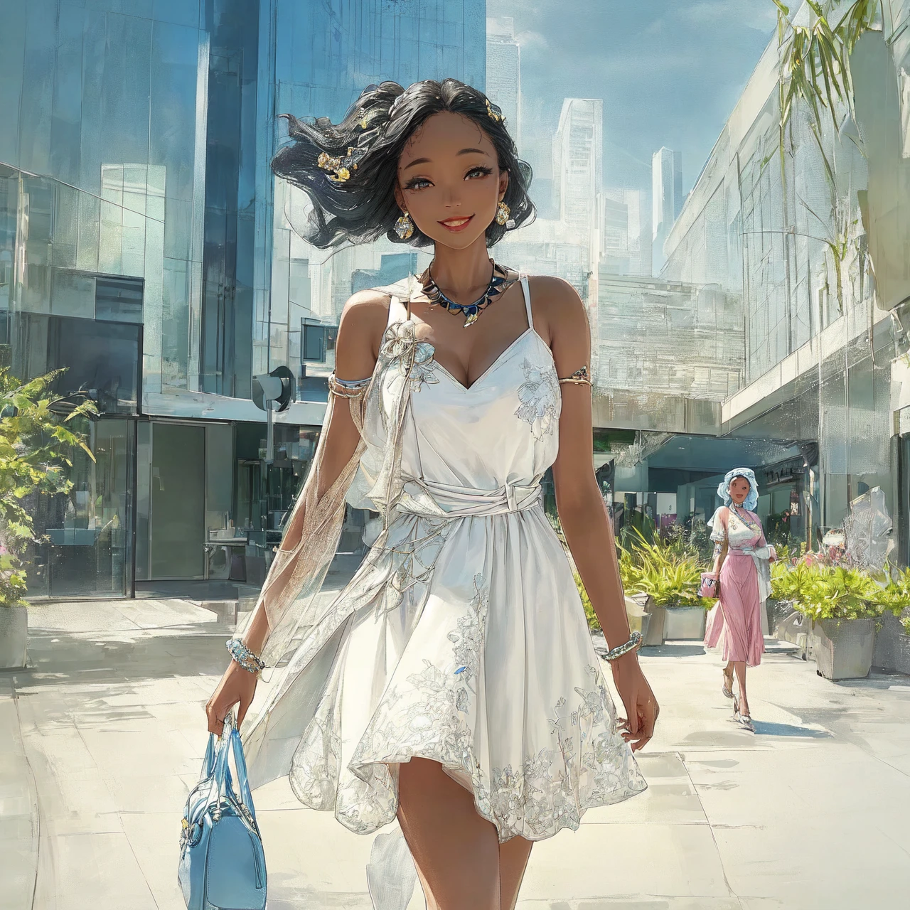 A photo of a woman in a designer summer dress. The dress should have an avant-garde design, be white, loose, and suitable for daytime office commuting, so not too ostentatious. The setting should be a fashionable urban environment, with stylish buildings and modern architecture in the background. It's summer, and the woman is walking towards the viewer with an engaging smile, exuding elegance and confidence. The model is of Nigerian and Korean heritage, with accessories including a chic pale blue handbag and stylish pale blue jewelry. Ensure the lighting emphasizes the textures and details of the dress and accessories, and conveys a vibrant, sunny atmosphere.