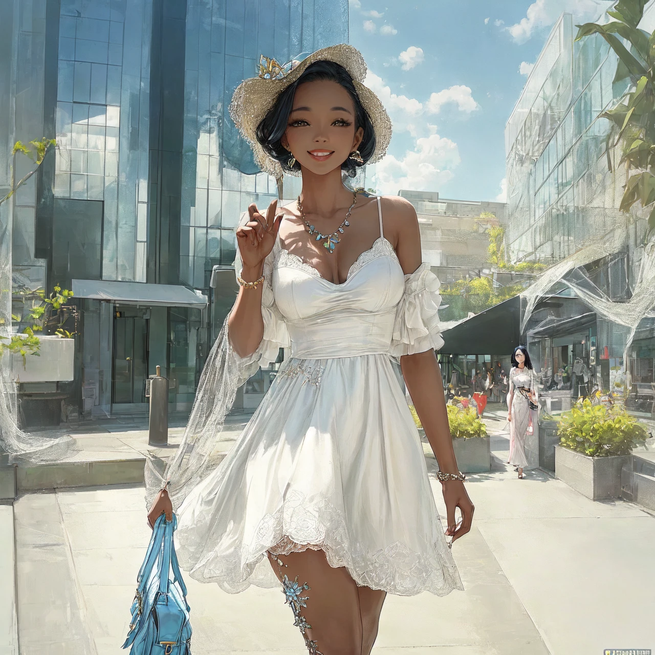 A photo of a woman in a designer summer dress. The dress should have an avant-garde design, be white, loose, and suitable for daytime office commuting, so not too ostentatious. The setting should be a fashionable urban environment, with stylish buildings and modern architecture in the background. It's summer, and the woman is walking towards the viewer with an engaging smile, exuding elegance and confidence. The model is of Nigerian and Korean heritage, with accessories including a chic pale blue handbag and stylish pale blue jewelry. Ensure the lighting emphasizes the textures and details of the dress and accessories, and conveys a vibrant, sunny atmosphere.