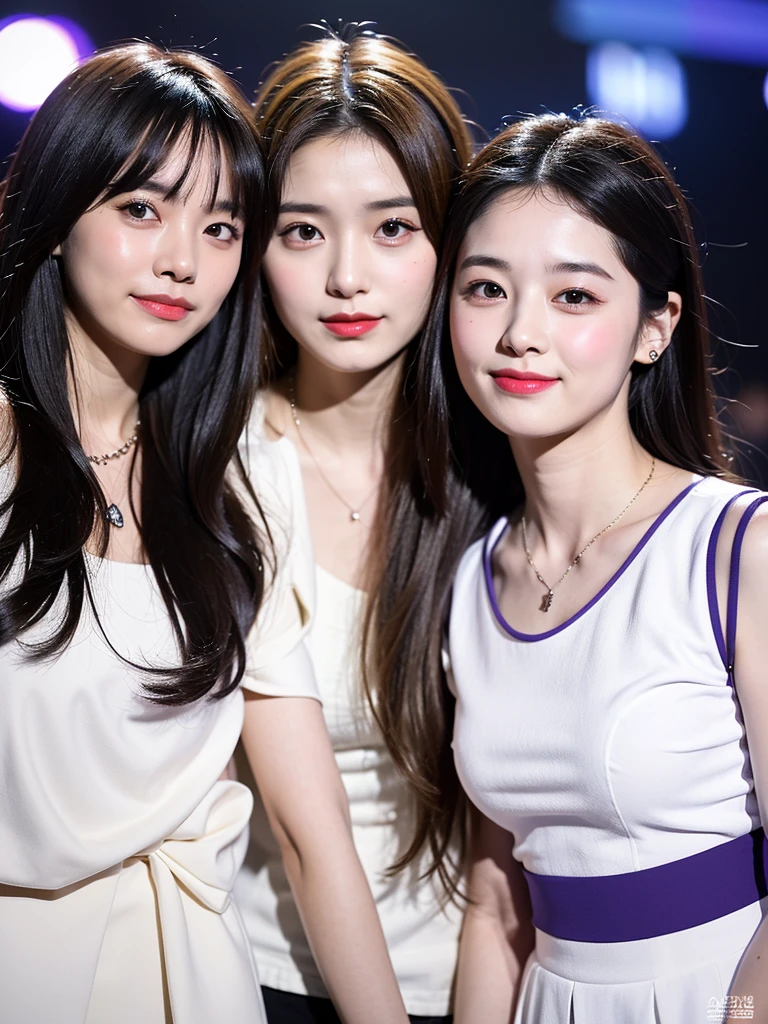 (Extra detailed body、The face is rich in detail、Best quality:1.2)、Three sweet 20-year-old girls、Looking at the audience、(Quirky stylish、Korean girl group、A necklace、Contrast purple, White and black clothes、Asymmetry),Large Breasts