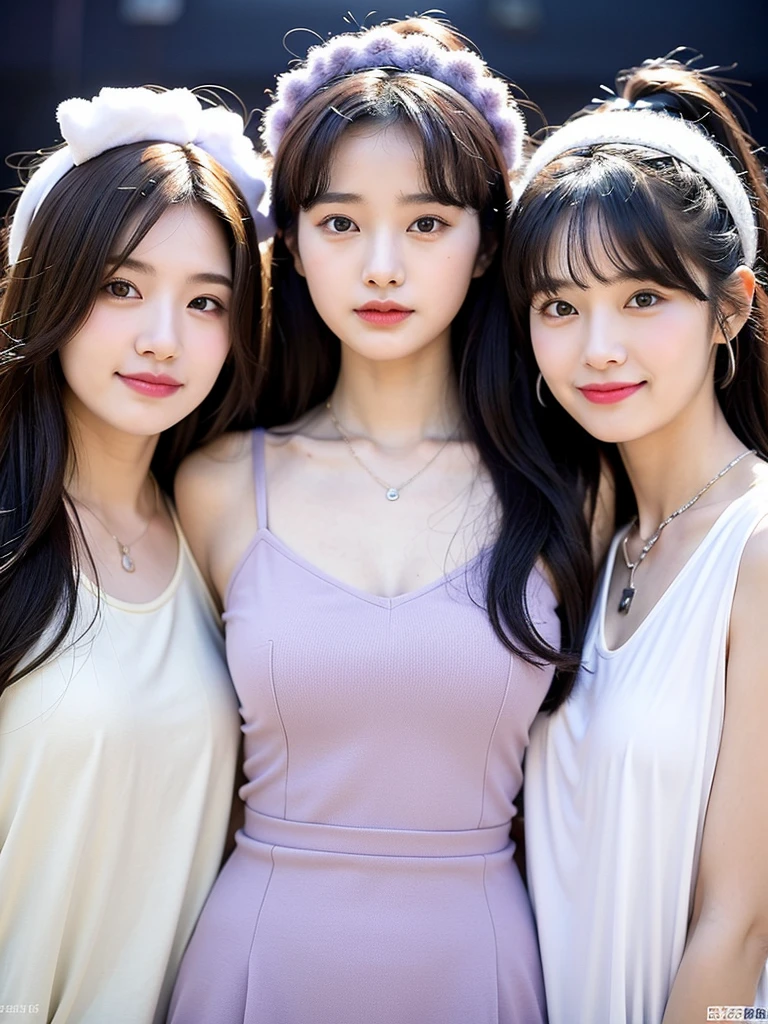(Extra detailed body、The face is rich in detail、Best quality:1.2)、Three sweet 20-year-old girls、Looking at the audience、（Quirky stylish、Korean girl group、A necklace、Contrast purple, White and black clothes、Asymmetry)，Large Breasts