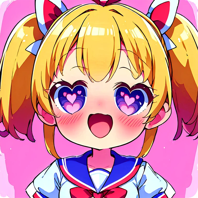 ((Highest quality)), ((masterpiece)), (detailed), Perfect Face, Perfect Arms, anime, Ultra-fine illustration, One girl, ((Chibi Character)), ((heart eyed girl)), Big heart eyes, Love Face, smile, (Open your mouth:1.2), Blonde, Twin tails, (Short-sleeved sailor uniform:1.3), Summer uniform, Big Red Ribbon Tie, Upper Body Shot, Lovely backgrounds,