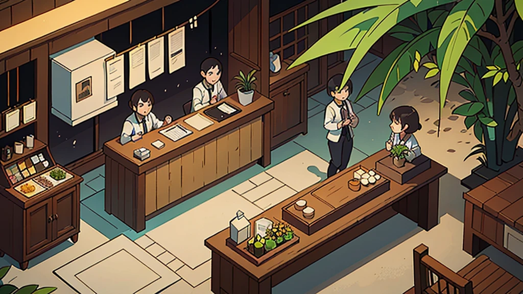 You are walking towards the lobby of a resort on the edge of the forest. In front of you is a very unique registration counter where mangroves are arranged on the front of the counter. The back of the counter is decorated with woven bamboo along with greetings. Several large flower pots were also seen decorating the surroundings of the area.
Describe this situation by emphasizing the atmosphere, weave and shape.