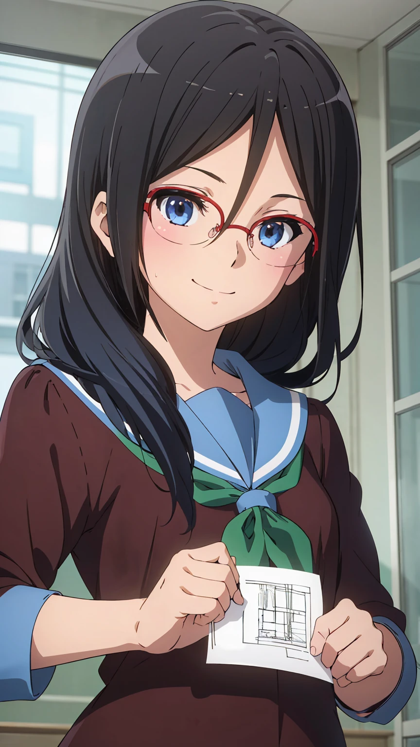 solo, 1girl, looking at viewer, sketch, flat colors, 2D, anime, anime coloring, upper body, , asuka tanaka, kitauji high , serafuku, blue sailor collar, green neckerchief, looking at viewer, smile girl, holding a blank paper viewing it to the viewer,
