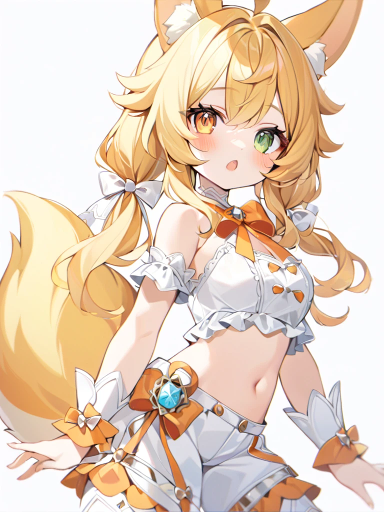 1girl, animal ears, bangs, bare shoulders, blonde hair, blush, bow, breasts, white cleavage, cropped torso, , green eyes, hair ribbon, heterochromia, stlooking at viewer, open mouth, orange bow, orange eyes, orange ribbon, ears like an unearthly animal, fluffy tail, light tail, real tail, ribbon, solo, stuffed animal, stuffed bunny, stuffed toy, twintails, upper body, full-length, white legbands, white shoes with lace and white bows, white background, wrist cuffs, yellow eyes, bloomers, close-up, fair skin frills, lace, midriff, skirt, solo, , white background,shorts, white top with ribbon and lace and trousers,trousers, genshin,white slippers with a bow,All clothes are white, laceAt full height, it stands, в полный рост,One tail, fluffy