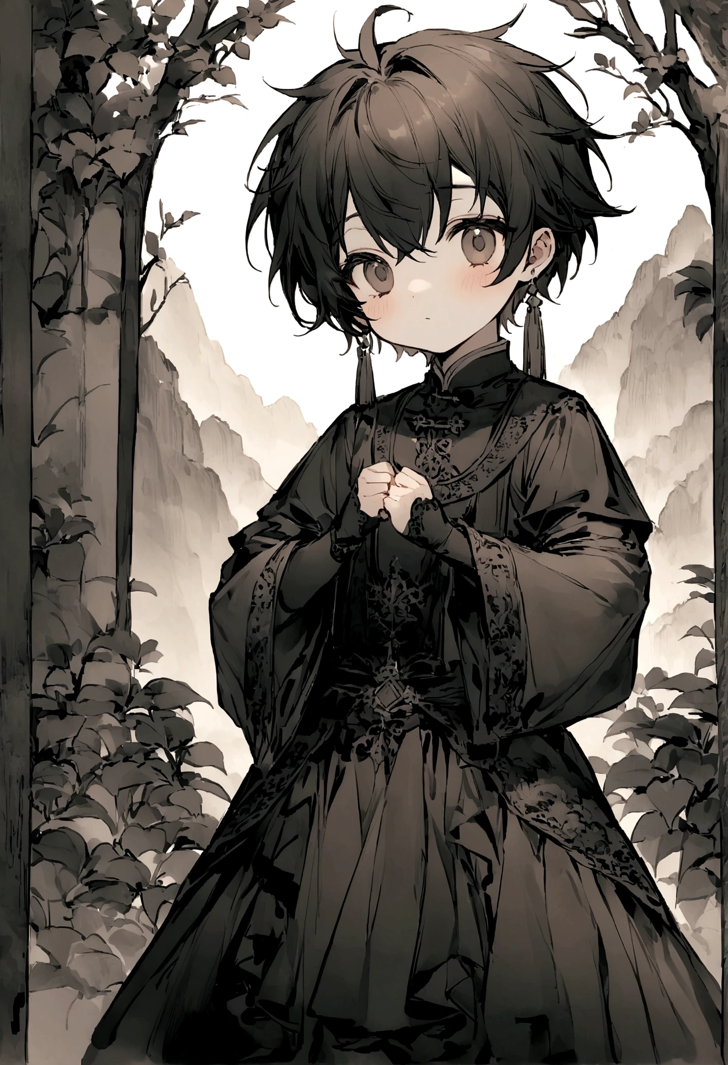 ((Chinese style,Immortal World,Xianxia World)),Mountain,Mist,(((Cave,)))mystery,A cute little boy