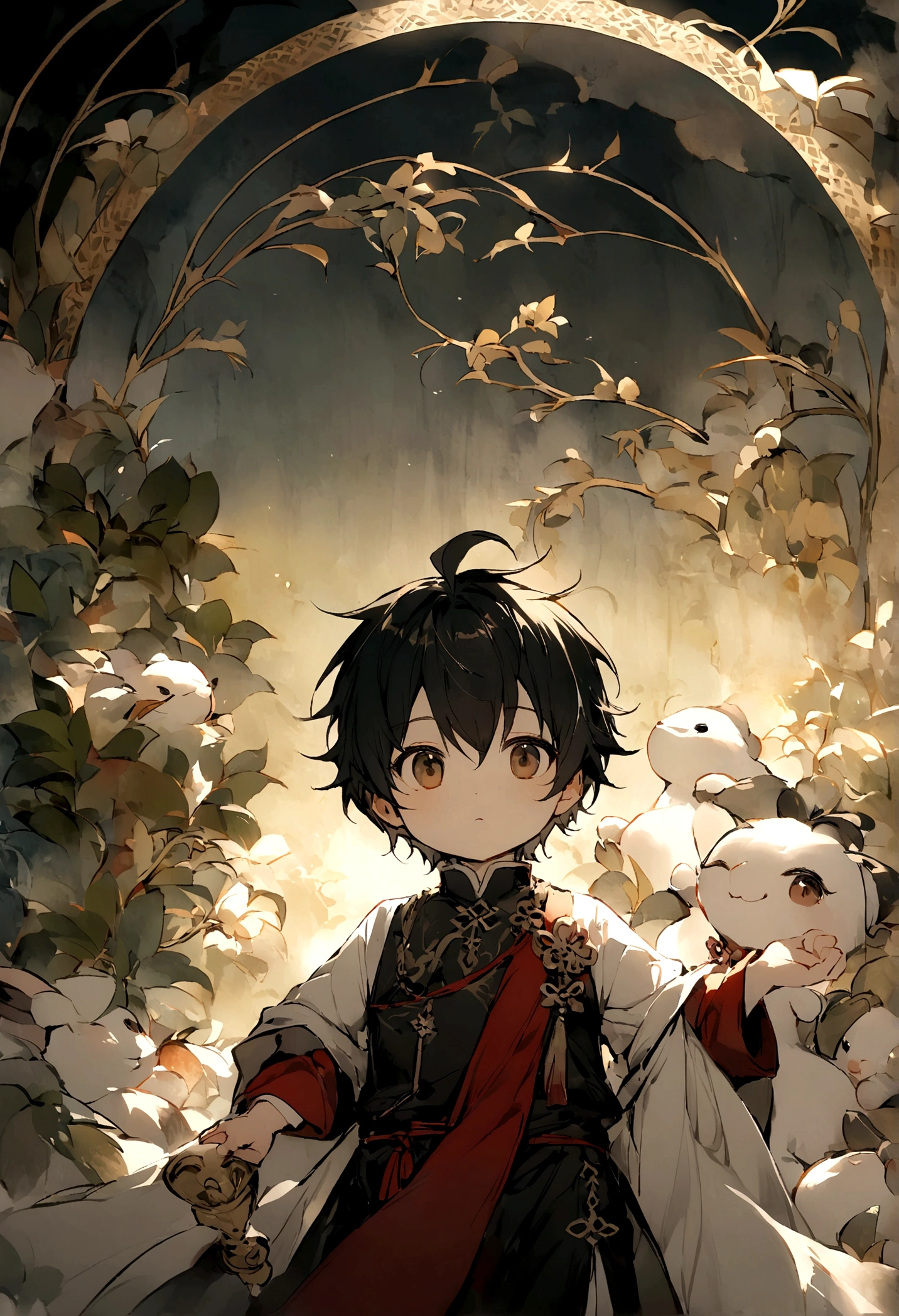 ((Chinese style,Immortal World,Xianxia World)),Mountain,Mist,(((Cave,)))mystery,A cute boy