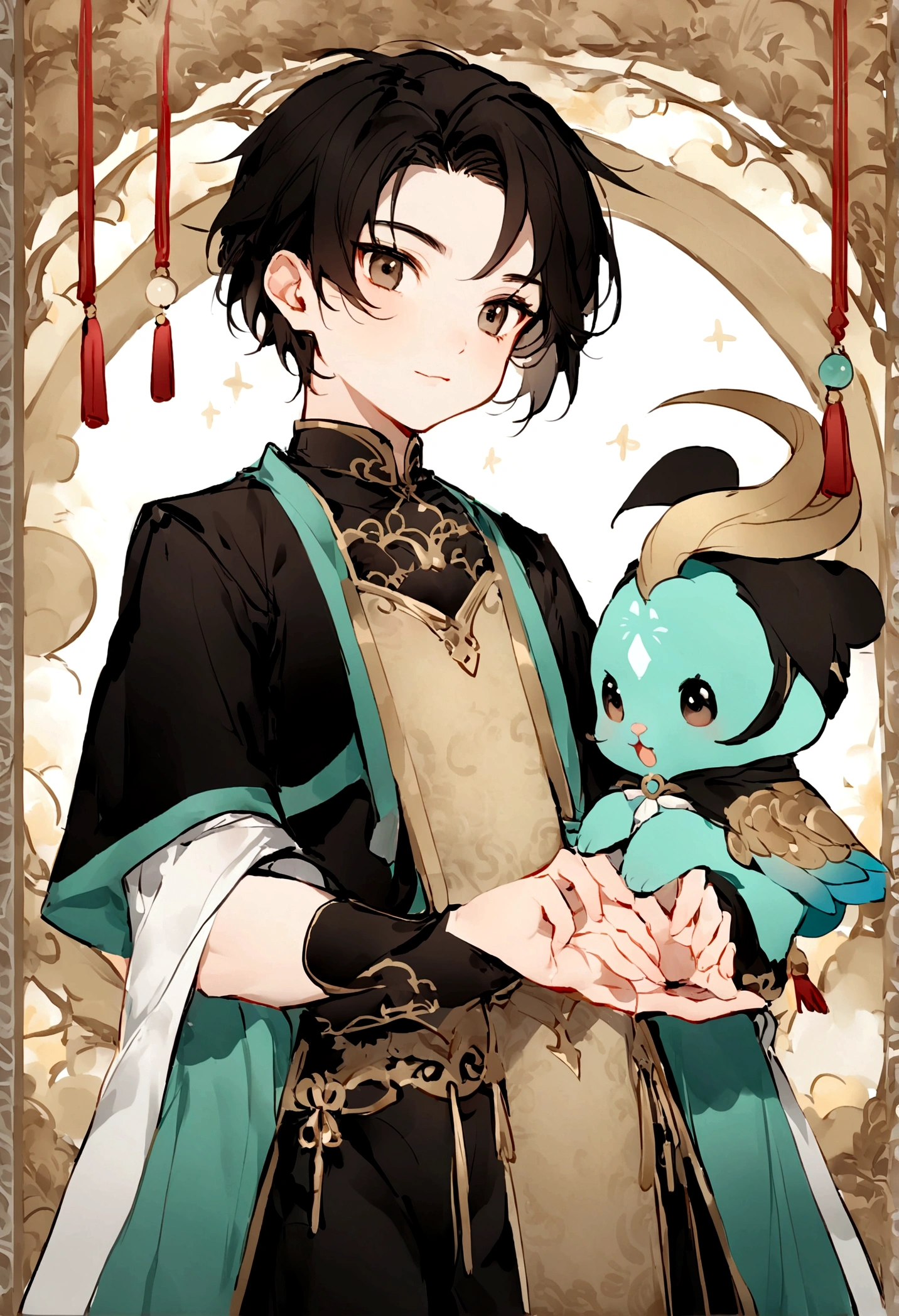 ((Chinese style,Immortal World,Xianxia World)),Mountain,Mist,(((Cave,)))mystery,A cute little boy