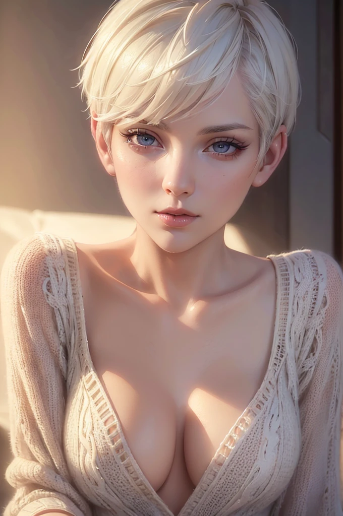 a beautiful woman with white short pixie hair wearing a baggy long sweater and no pants, extremely detailed face and eyes, beautiful detailed lips, long eyelashes, (best quality,4k,8k,highres,masterpiece:1.2),ultra-detailed,(realistic,photorealistic,photo-realistic:1.37), portrait, cinematic lighting, dramatic chiaroscuro, warm color tones, dynamic pose