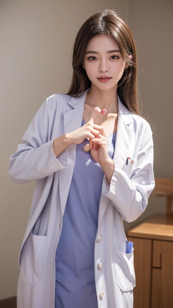 (Cowboy shot:1.2), smiling elegant slim asian woman, Japanese, wearing (((open labcoat over scrubs))), brown hair, (finger heart:1.5), (modern hospital room), photo, 1girl, ultra high res, realistic photorealistic, ultra-detailed, finely detailed, high resolution, perfect dynamic composition, (perfect eyes), (detailed eyes), solid circle eyes, ccurate, sparkling eyes, (clean eyes), anatomically correct, super detail, textured skin, extremely detailed face and eyes, detailed facial features, ((perfect face)),