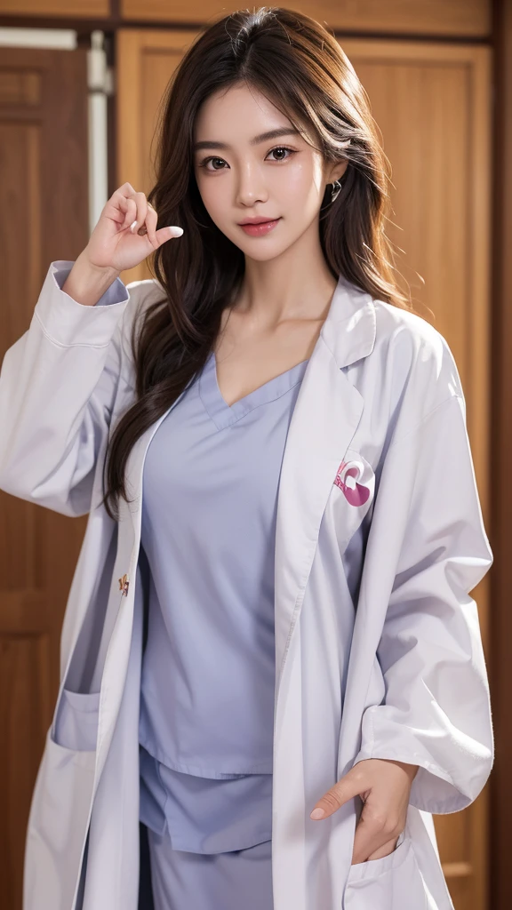 (Cowboy shot:1.2), smiling elegant slim asian woman, Japanese, wearing (((open labcoat over scrubs))), brown hair, (finger heart:1.5), (modern hospital room), photo, 1girl, ultra high res, realistic photorealistic, ultra-detailed, finely detailed, high resolution, perfect dynamic composition, (perfect eyes), (detailed eyes), solid circle eyes, ccurate, sparkling eyes, (clean eyes), anatomically correct, super detail, textured skin, extremely detailed face and eyes, detailed facial features, ((perfect face)),