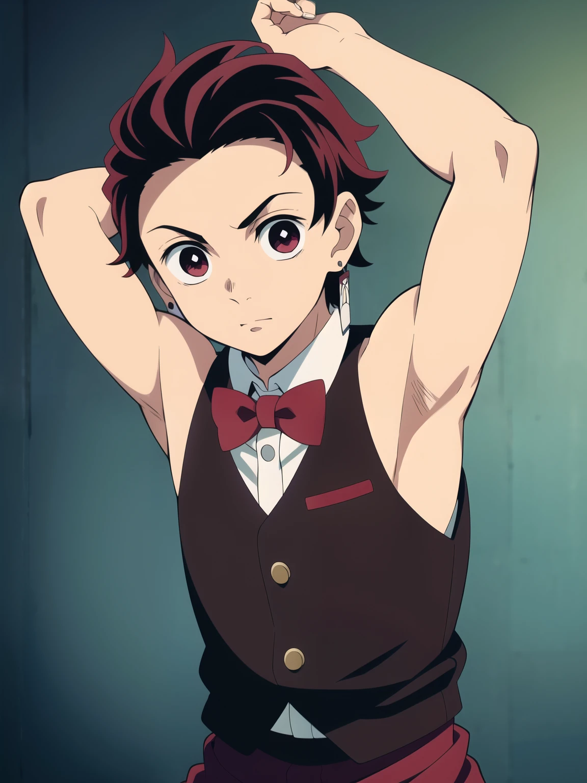 Highres, Masterpiece, Best quality at best,Best Quality,hight quality, hight detailed, Anime style, 1boy, Young boy, Shota, Tanjiro, red hair, earring, Seen from the front, look at viewer, Sleeveless vest, bow tie, Cafe, (very young boy), (very small and short body), Age 12, Such a cute smooth armpit, Cute armpit, sexy armpit, The armpits of a 12 year old boy, Adorable little armpits, seductive armpits, showing armpit, hansome boy, Uhd, 4k wallpaper