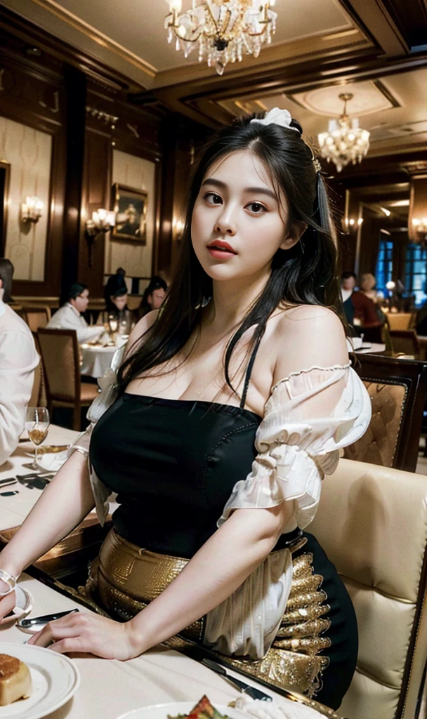 (((8k))),((Extremely meticulous CG)),(wallpaper),16k,((Extremely refined and beautiful)),(((Masterpiece))),(((best qualtiy))),(((Ultra High Resolution))),beautiful light up,Perfect lightning,realistic shaded,[A high resolution],(Smooth and flawless fair skin:1.?????tremely exquisite facial details,(perfect body:1.1),ultra - detailed,A beautiful girl,((very short ponytail)),(big face:1.5),(round face:1.5),(double chin:1.?????quisite makeup,clear face,(pale skin:1.3),(fat:1.5),(obese:1.5),(plump physique:1.5),(overweight:1.5),happy,Smile,(white fur dress:1.3),(Thick arms:1.5),(flat ?????:1.2),(big belly:1.5),(thick thighs:1.5),(Sitting on the chair behind the dining table:1.3),(in an Extremely luxurious restaurant:1.5),(The food on the table piled up like a mountain:1.4),bright indoor lighting,(Detailed interior of the Extremely luxurious restaurant:1.3),resplendent and magnificent,Extremely spacious restaurant,(detailed background:1.5),crystal chandelier,cupola,(from front:1.3),(upper body:1.3)