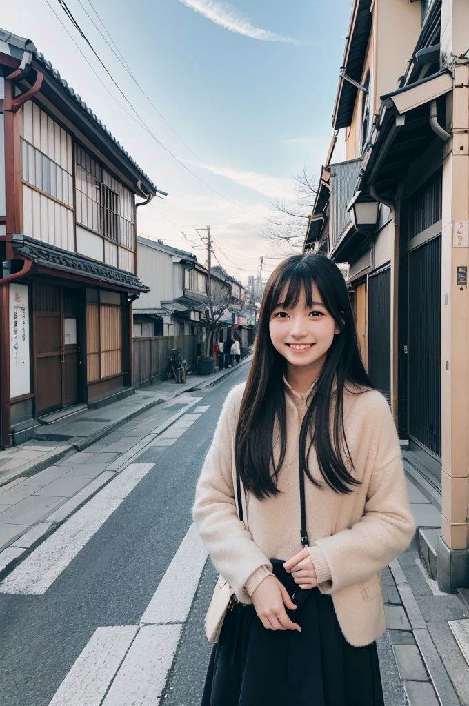 Style:A snapshot showing the whole body. A casual moment in winter. The sky is a little clear. A young Japanese woman is looking at me. She has semi-long hair. She is looking at us and smiling, which is beautiful. Live shot. Street snapshot. Fujifilm. Blur. Background: Japanese townscape.