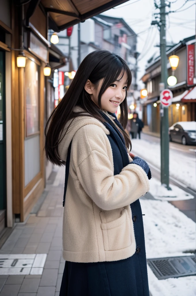 Style:A snapshot showing the whole body. A casual moment in winter. The sky is a little clear. A young Japanese woman is looking at me. She has semi-long hair. She is looking at us and smiling, which is beautiful. Live shot. Street snapshot. Fujifilm. Blur. Background: Japanese townscape.