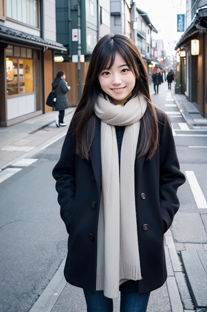 Style:A snapshot showing the whole body. A casual moment in winter. The sky is a little clear. A young Japanese woman is looking at me. She has semi-long hair. She is looking at us and smiling, which is beautiful. Live shot. Street snapshot. Fujifilm. Blur. Background: Japanese townscape.