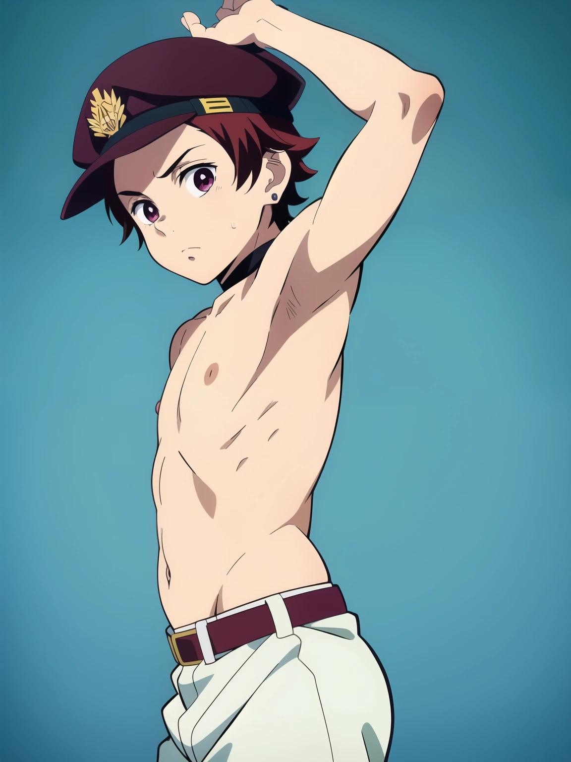 Highres, Masterpiece, Best quality at best,Best Quality,hight quality, hight detailed, Anime style, 1boy, Young boy, Shota, Tanjiro, red hair, earring, Police, Police cap, armband, Sleeveless uniform, Seen from the front, look at viewer, (very young boy), (very small and short body), Age 12, Such a cute smooth armpit, Cute armpit, sexy armpit, The armpits of a 12 year old boy, Adorable little armpits, seductive armpits, showing armpit, hansome boy, Uhd, 4k wallpaper