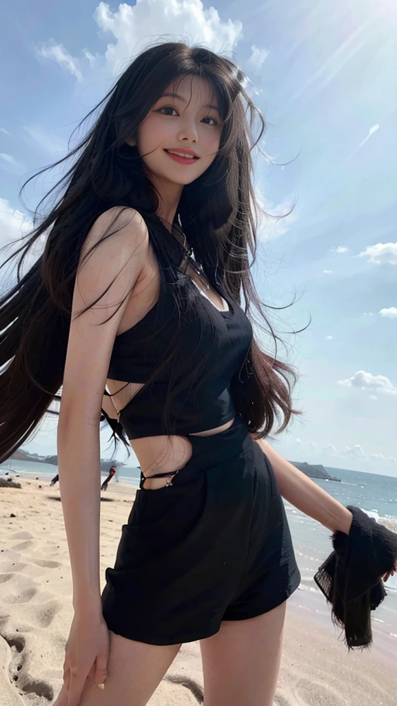 Best image quality、RAW Photos、Ultra-high resolution、30 years old Thai、Small breasts、Dynamic Angle、Cowboy Shot、The most beautiful chaos、elegant、Brutalist Design、Vibrant colors、smooth long black hair、(black long hair:1.8)、smile、fun、smile、Tan Skin、Beautiful eyes with random colors、Very thin lips、Beautiful eyes in every detail、 Narrow eyes、Cheeks are pale pink、Eyelash length、Beautiful double eyelids、eye shadow、Overalls、Sandy Beach、Shooting from below、Low - Angle。Hands on hips、The wind is blowing、Hair fluttering