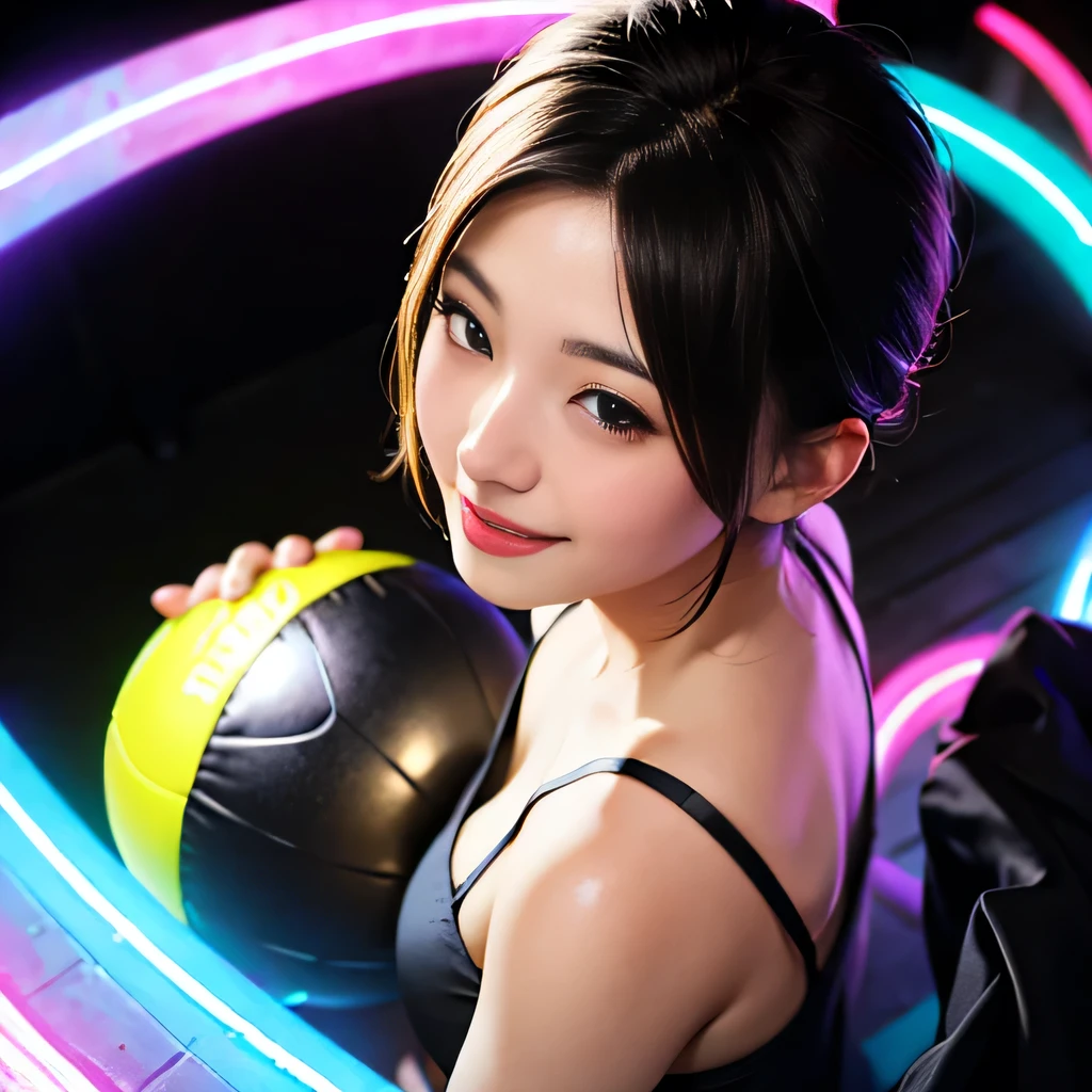 raw photo , 8K, ultra detailed, (realistic:1.2), (1girl), (smile:1.3), (round face), (black camisole),(holding big blacklight ball:1.3), (from above),(dark room)