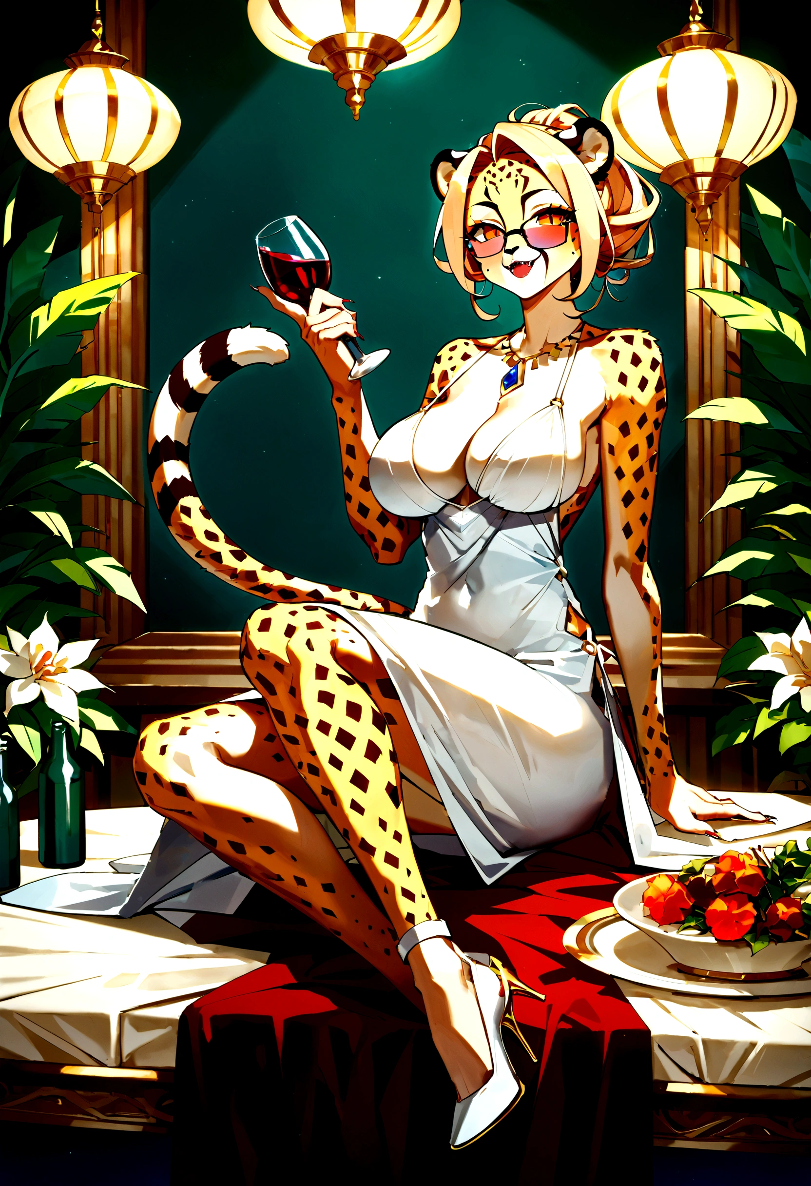 score_9, score_8_up, score_7_up, score_6_up, score_5_up, score_4_up,source_anime, source_furry,rating_safe,(cheetah:1.5) female\(furry,20s, elegant, beautiful, fluffy fur, slender, long legs, cat family eyes, big slit eyes, long eyelashes, big mouth, sharp teeth, big breasts, brave,tube dress\( tight, short, white \), blue sunglasses\(eyes peeking through\), high heels, lots of sparkly accessories,disturbed face,sitting) is eating a thick rare steak\(on the table,blood dripping\) with a fork and knife, BREAK ,background\(at a gorgeously decorated steak restaurant, on the table\(white satin tablecloth\) are wine\(red,glasses,bottles\) and flowers, BREAK ,quality\(8k,wallpaper of extremely detailed CG unit, masterpiece,hight resolution,top-quality,top-quality real texture skin,hyper realisitic,increase the resolution,RAW photos,best qualtiy,highly detailed,the wallpaper,cinematic lighting,ray trace,golden ratio\)