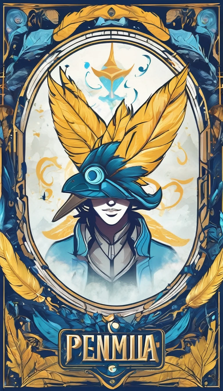 Create a minimalistic, simple, fantastic, easy to understand, logo design of two faces, one of a boy and the other of a feather for an upcoming Fantasy Role Playing Game called " Penamemoria". The game is about a world full of bird and feathers. A boy enters that world and discovers his true artistic identity. Create a logo design that transmits the essence of this videogame. It´s a fantasy game, with fantasy elements. Create the logo in the center and a fantasy theme as background. Use the colours blue, white, yellow in the logo. The logo design must convey a sense of fantasy, dreams and music. Must convey a feeling of being a true Dreamer