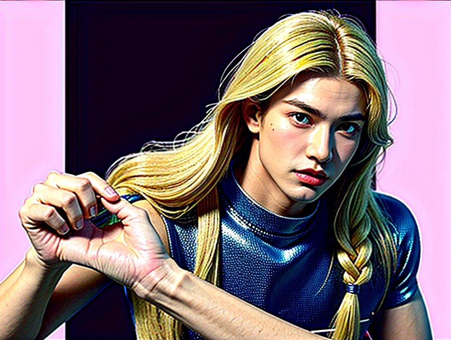Cartoon boy with long blond hair, Muscular body, Assassin Dark Souls, Trident in hand