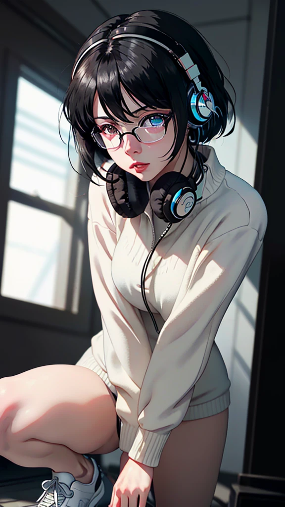 whole body, entire body, full body, total body, upright stance, erect posture, athletic shoes, waist, 20-years-old beautiful office working female, (black rim glasses), (white headphones), black hair, date clothes, Correct outfit for early summer, colorful costumes, intellectual atmosphere, knowledge, scholarship, enthusiasm, front of whole body, immersion, concentration, sense of accomplishment, cinematic lighting, masterpiece, top quality, 4K, academic atmosphere, (masterpiece), (best quality), ultra-high res, sharp focus, high definition eyes, anime style