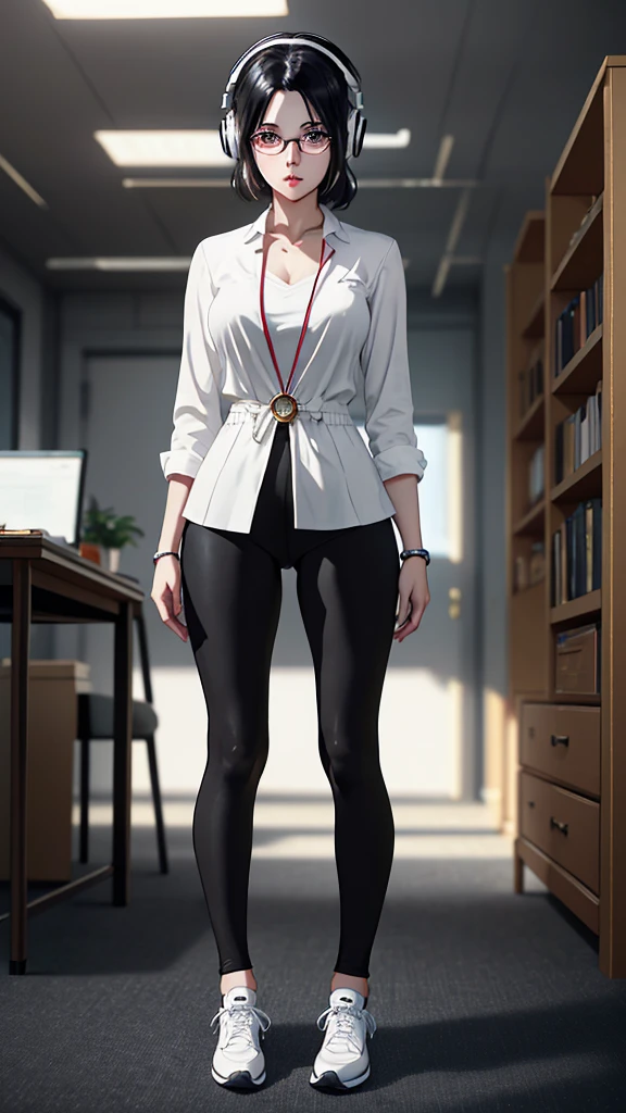 whole body, entire body, full body, total body, upright stance, erect posture, athletic shoes, waist, 20-years-old beautiful office working female, (black rim glasses), (white headphones), black hair, date clothes, Correct outfit for early summer, colorful costumes, intellectual atmosphere, knowledge, scholarship, enthusiasm, front of whole body, immersion, concentration, sense of accomplishment, cinematic lighting, masterpiece, top quality, 4K, academic atmosphere, (masterpiece), (best quality), ultra-high res, sharp focus, high definition eyes, anime style