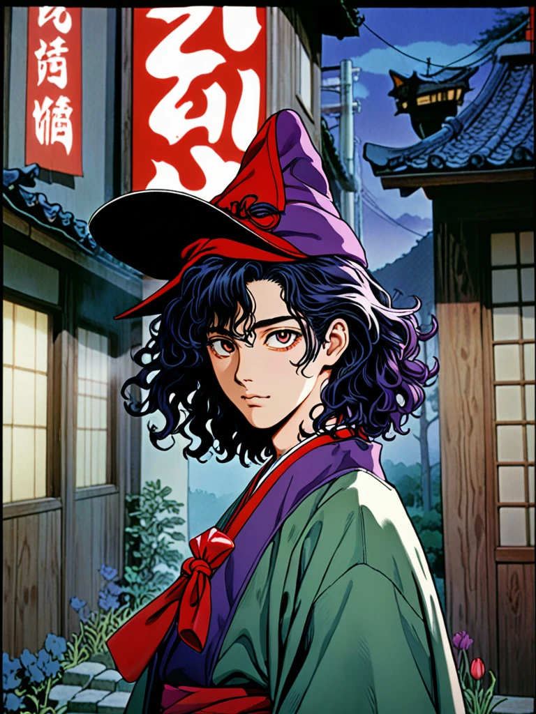 illust、art、from 80s horror movie, directed by Junji Ito、darkness、Japanese-style house、A young Japanese man with black, curly hair、Khaki Tulip Hat、Haori、Collarless shirt、Hakama、geta、Cape、cool、Nihil、high detail, realsitic shadow、Analog style, vhs style, 8mm film, chromatic aberration, Dvd screengrab、Blue-purple and red-purple gradation、Surrealism