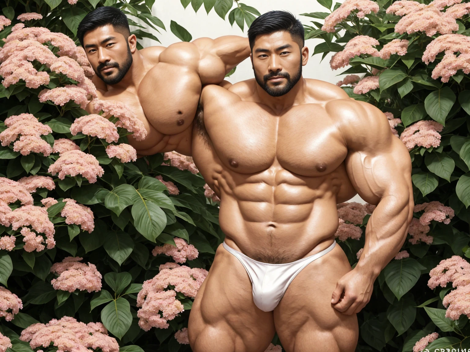 There is only one handsome Asian actor in the picture，30 years old，Tall and handsome, Toned body，short hair, O-Shaped Beard，Perfect body, Dark skin，Glowing skin，Smooth skin，The body is hairless，Muscle bulge, Muscular, Very large pectoral muscles，Very sexy abdominal muscles，Very well-developed leg muscles，Huge concave and convex area，Brightens oily skin，Wearing a gold leather shiny thong，Handsome face， Correct and accurate male body proportions, Stand among the flowers。
