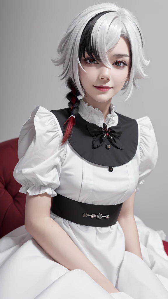 (close up:1.4), (RAW Shooting:1.2), (Reality:1.4), (masterpiece:1.3), (Highest quality:1.4), (Headdress, White shirt, Black Ribbon, ruffle skirt, Puff sleeves, collar, Necklace, Thin white apron ruffles：1.3), White knee socks, White maid outfit, flat chest, White hair, Black Hair, Colorful Hair, short hair, Straight Hair, White hair long braid, Glowing red eyes, Red X pupil, (focus, full-body shot, Smile
