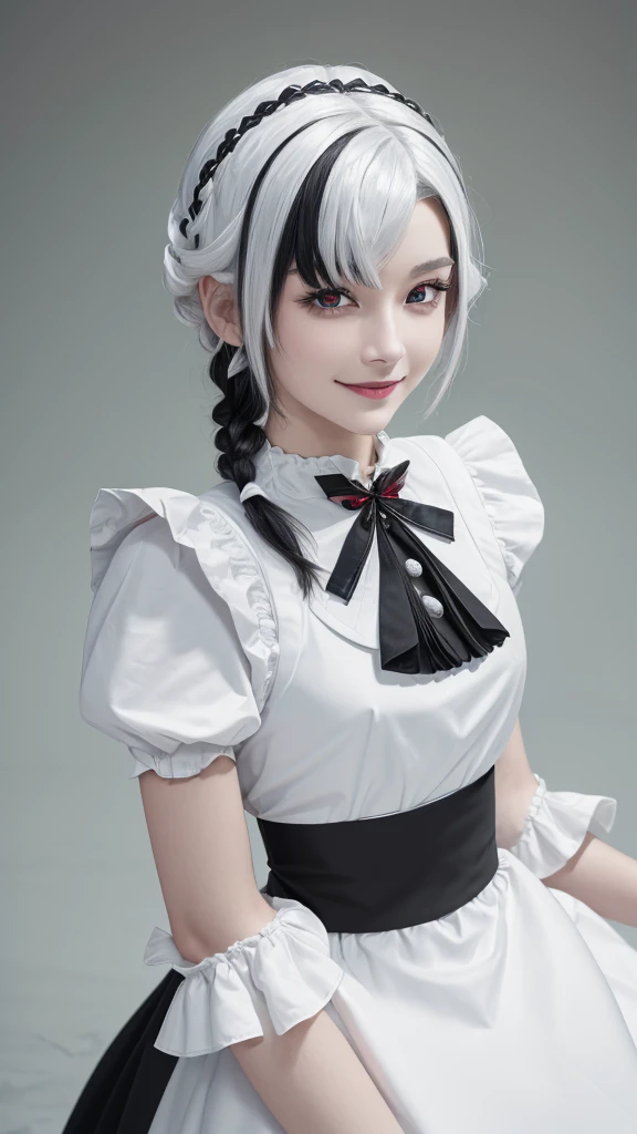 (close up:1.4), (RAW Shooting:1.2), (Reality:1.4), (masterpiece:1.3), (Highest quality:1.4), (Headdress, White shirt, Black Ribbon, ruffle skirt, Puff sleeves, collar, Necklace, Thin white apron ruffles:1.3), White knee socks, White maid outfit, flat chest, White hair, Black Hair, Colorful Hair, short hair, Straight Hair, White hair long braid, Glowing red eyes, Red X pupil, (focus, full-body shot, Smile