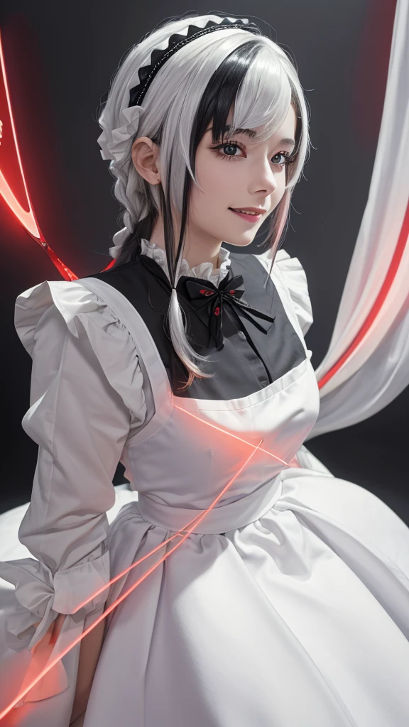 (close up:1.4), (RAW Shooting:1.2), (Reality:1.4), (masterpiece:1.3), (Highest quality:1.4), (Headdress, White shirt, Black Ribbon, ruffle skirt, Puff sleeves, collar, Necklace, Thin white apron ruffles:1.3), White knee socks, White maid outfit, flat chest, White hair, Black Hair, Colorful Hair, short hair, Straight Hair, White hair long braid, Glowing red eyes, Red X pupil, (focus, full-body shot, Smile