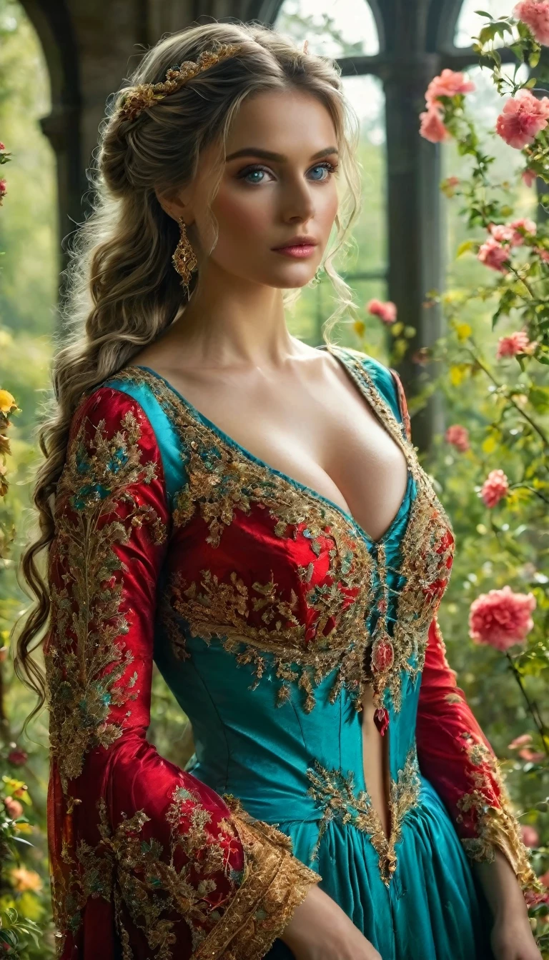 Generate a (hyperdetailed, realistic, Full Body), photo of Nia, (((turquoise color eyes))), (((long, silky, straight, Ombre blend of shimmering silver and celestial blue hair))), (((Position Nia with her long, silky hair styled in an elegant, low bun with sections of hair intricately braided and pinned back, adorned with small, delicate flowers woven into the braids))), (fair skin:1.4), (((Massive round natural breasts with deep cleavage))), (Massive round natural Breasts:1.8), (Greek and Russian mix ethnicity), (hourglass figure, perfect body, NSFW, perfect anatomy, masterpiece, best quality).(((She is wearing a flowing, floor-length Golden color medieval-style dress in rich Crimson Red jewel tones, the soft fabric complementing her curves. The dress features lace-up details, long sleeves, and intricate embroidery))) Nia strolls through the castle gardens, stopping to admire the vibrant flowers and lush greenery. Her medieval dress contrasts beautifully with the natural surroundings, and her braided hair with small flowers adds to the romantic, historical feel. The sunlight filters through the trees, casting dappled shadows on the path. She wears a gold necklace with delicate round gold locket, its surface adorned with the symbol of an OWL. She is wearing a flowing, floor-length Golden color medieval-style dress in rich Crimson Red jewel tones. 8k, (Fit, Athletic, Tall), (Massive Breasts), (Highly detailed facial and skin texture), (Best quality, ultra detailed, Golden ratio, Masterpiece:1.2), (Theatrical lighting:0.7, Perfect rare face), (Highly detailed skin), skin texture, Pale skin, shiny skin, (thin, large size:1.2), [:(Sharp focus on rare face, perfect eyes:1.2):0.2], hyperdetailed photography, UHD, realistic skin texture, shot with Canon EOS 5D Mark IV and Canon EF 50mm f/1.4 USM lens, highly detailed.
