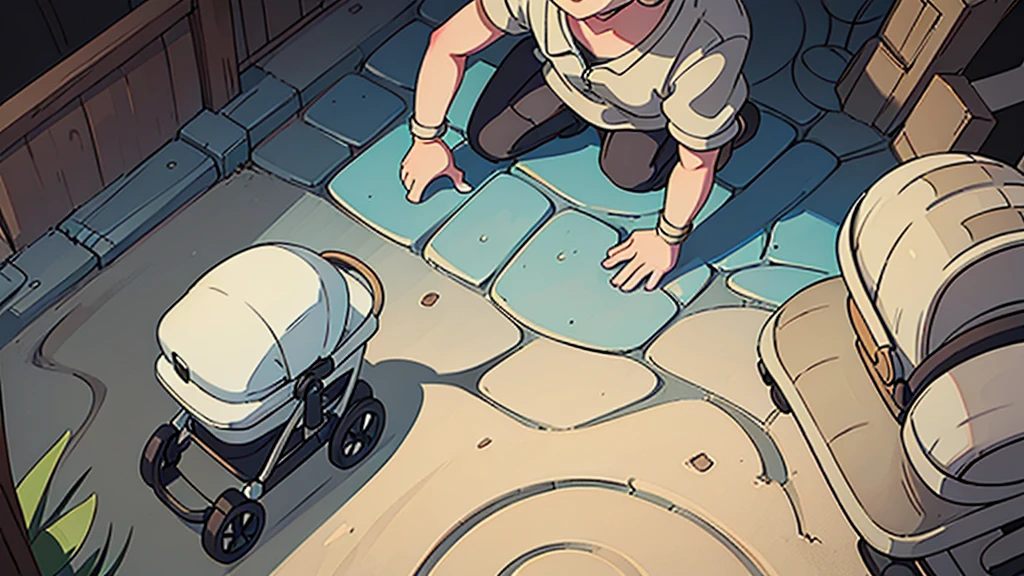 In a small alley on the edge of the village two children were seen playing in an old pushchair .A child can be seen riding in a stroller while being pushed by another friend. In the area, several puddles and piles of sand bricks can also be seen.
Describe the situation from close-up, emphasizing the atmosphere, shape,
space and interweaving.