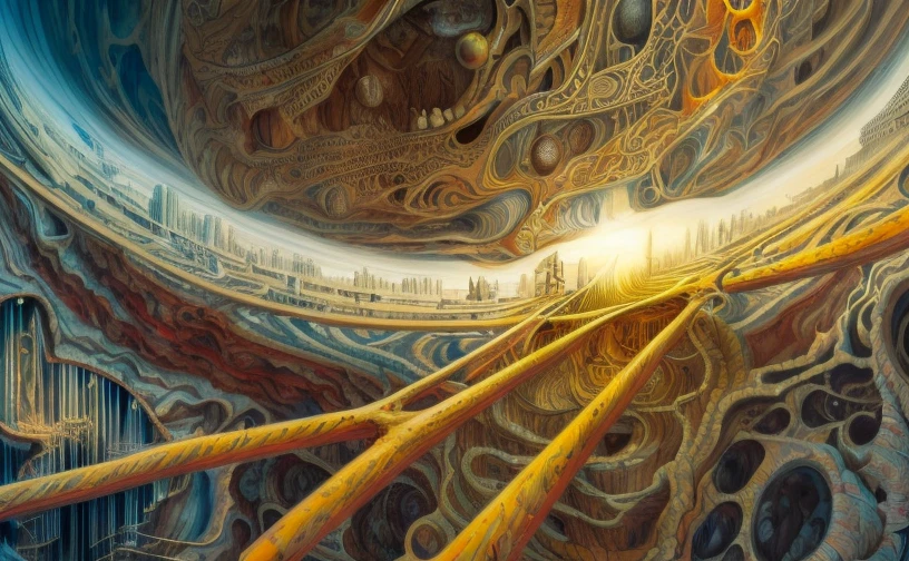 A huge deep abyss made of black stone, incandescent magma, phosphorescent radioactive mineral, gates to hell, it ends in the bottom with a living organic obscurity, abysssanctum, procreation of the wicked, synthetic grotesque,highly detailed, 4k resolution, masterpiece, 3d modelling,digital art, Kandisky art