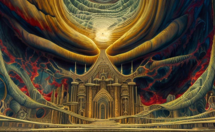 A huge deep abyss made of black stone, incandescent magma, phosphorescent radioactive mineral, gates to hell, it ends in the bottom with a living organic obscurity, abysssanctum, procreation of the wicked, synthetic grotesque,highly detailed, 4k resolution, masterpiece, 3d modelling,digital art, Kandisky art