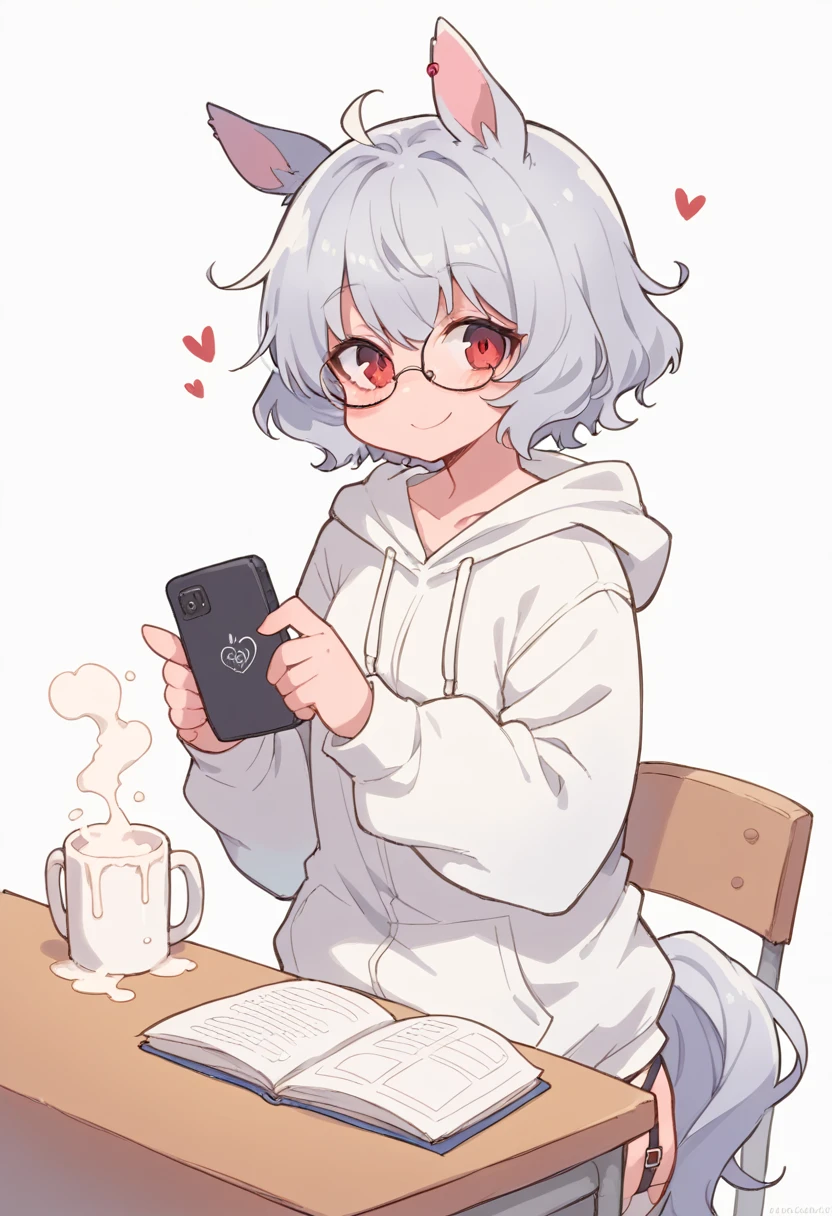 ,NSFW,1girl,Girl with horse ears and tail,Silver Hair,Red eyes,Curly medium short hair,Square glasses,Wearing a large white coat,hoodie,,Dairy-free,garter belt,smile,Sit on a chair,desk,Character portrait,full Art,machine,Phone in hand,Hold the phone to your ear,Mug in hand
