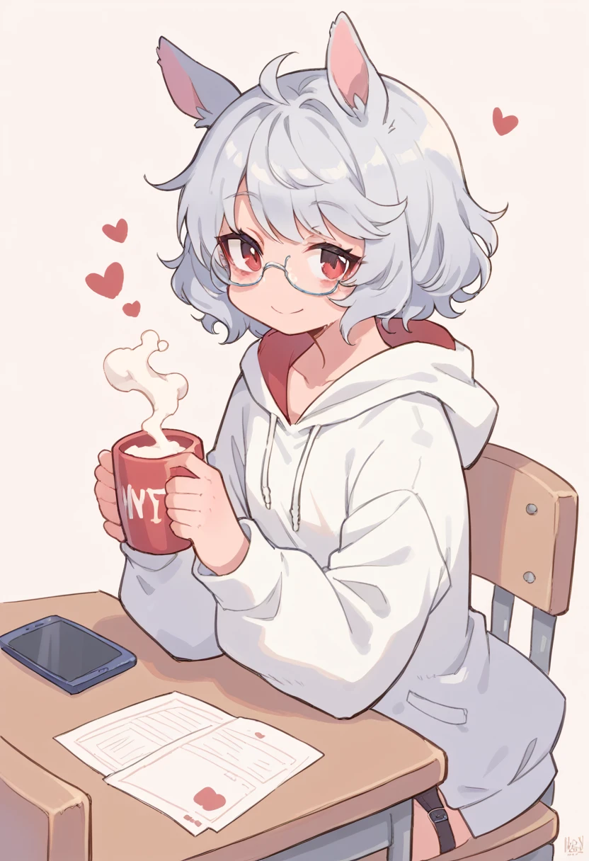 ,NSFW,1girl,Girl with horse ears and tail,Silver Hair,Red eyes,Curly medium short hair,Square glasses,Wearing a large white coat,hoodie,,Dairy-free,garter belt,smile,Sit on a chair,desk,Character portrait,full Art,machine,Phone in hand,Hold the phone to your ear,Mug in hand