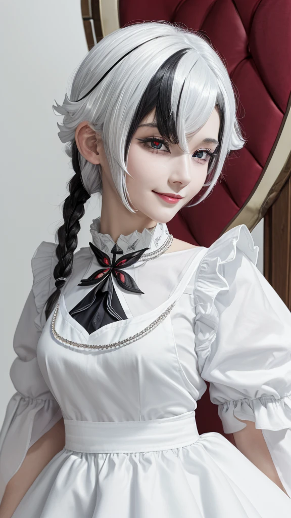 (close up:1.4), (RAW Shooting:1.2), (Reality:1.4), (masterpiece:1.3), (Highest quality:1.4), (Headdress, White shirt, Black Ribbon, ruffle skirt, Puff sleeves, collar, Necklace, Thin white apron ruffles:1.3), White knee socks, White maid outfit, flat chest, White hair, Black Hair, Colorful Hair, short hair, Straight Hair, White hair long braid, Glowing red eyes, Red X pupil, (focus, full-body shot, Smile