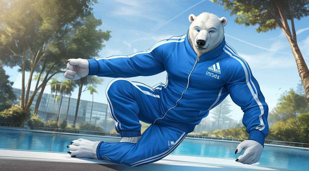 hi res,(polar bear), anthro,4 fingers, blue eyes, dark blue adidas track suit, male, muscular, muscular anthro, muscular male, gym , solo, tree, (water), detailed background, no pants white short sock,  open smile, drawing lineart