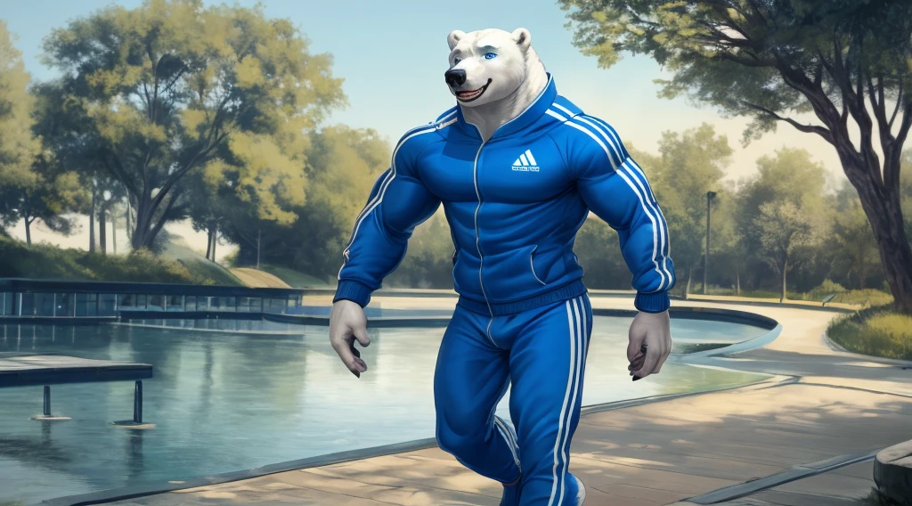 polar bear dad male dark blue track suit open chest slighly well built creast hair, blue eyes, sit on park chair, wearing white sock, disney profile, drawing lineart , spread legs