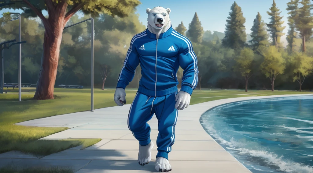 hi res,(polar bear), anthro,4 fingers, blue eyes, dark blue adidas track suit, male, muscular, muscular anthro, muscular male, gym , solo, tree, (water), detailed background, no pants white short sock, open smile, drawing lineart