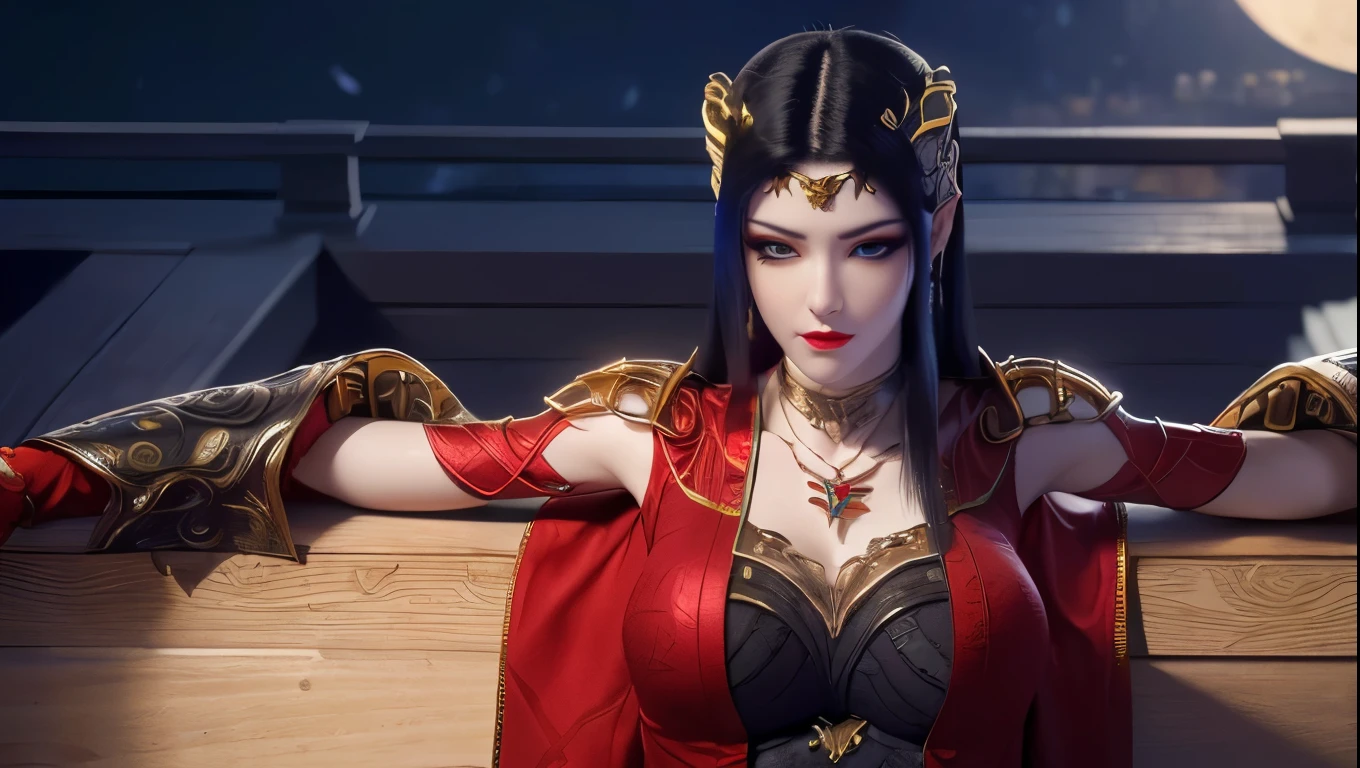 1 extremely beautiful queen, ((Wearing red traditional Han clothing with fine black patterns:1.6)), (((Patterns on clothes:1.6))), ((Black long hair:1.6)), Jewelry crafted with gemstones and beautiful hair, ((戴 24K 金蕾丝项链:1.4))), noble, Beautiful lady, Her little face is super cute, Her face is beautiful, Sparse eyebrows, Flawless beautiful face, ((Black pupils: 0.8)), Very beautiful eyes, ((Platinum blue eyes: 1.6)), (((Eyes wide open:1.6))), Beautiful makeup and hair detailed eyelashes, steam eye makeup, high nose, earrings, Red lips, ((Shut up: 1.5)) Beautiful lips, Delicate hands, The most beautiful thighs, ((Stretch your arms to the sides: 1.5)), ruddy face, cleanface, Flawless beautiful face, Smooth and fair skin,  Beautiful breasts, Perfect body, Rear arm, Keep your chest up, Thin black mesh，With black lace trim, 8k Photo, super high quality, Surreal, 10 times more pixels, Optical, Bright studio, Bright Edge, dual-tone light, (High Detail Skin:1.2), Super 8K, soft light, high quality, volumetric light, Reality, Reality high resolution, light, Best photos, 4K, 8K picture quality, Blur effect, Smooth and sharp, 10 x Pixel, ((Background of sea and moonlight at night:1.5)), aurora, lightning, Super realistic graphics, The most realistic graphics, 1 girl, Solitary, Solitary, Extremely clear images, Surreal的, (((Frontal image: 1)))."