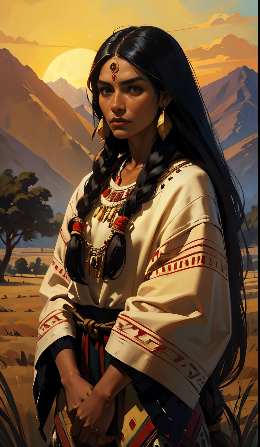 native American, the era of colonization, Aztecs, Maya, Incas, woman, with long black loose hair, dark skin, golden eyes, feather ornaments, traditional Inca coloring, traditional Maya clothing, fields on the background.