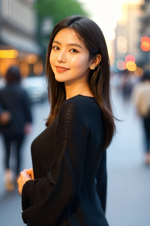 Natural photo of beautiful woman, With enchanting eyes, Smiling in the bustling city, Upper body framing, At a street photography shoot, Golden Hour Lighting:1.3), Shoot at eye level, Fujifilm X-T4 with 50mm lens, Alfred Stieglitz style