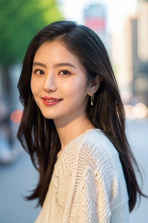 Natural photo of beautiful woman, With enchanting eyes, Smiling in the bustling city, Upper body framing, At a street photography shoot, Golden Hour Lighting:1.3), Shoot at eye level, Fujifilm X-T4 with 50mm lens, Alfred Stieglitz style