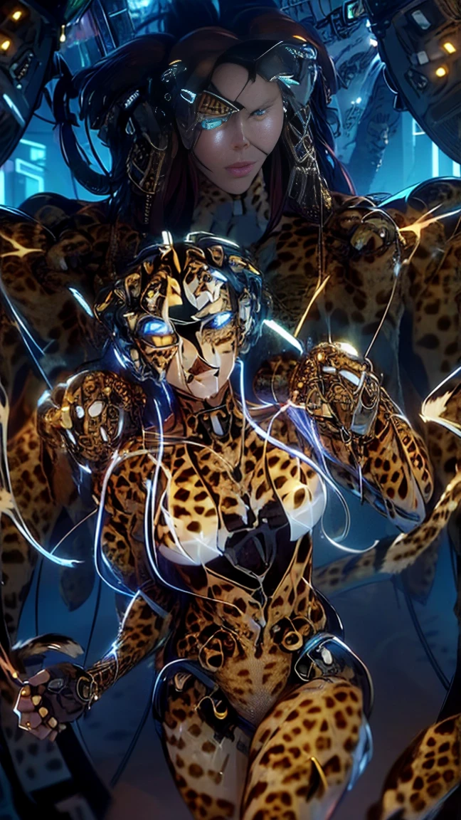top quality, future world, State-of-the-art robot, Beautiful Woman, flying hair, Transformed into a cyborg except for the face,  Transformed into a cyborg except for the shoulder, sexy images, whole body photo, (((woman: cyborg cheetah:1.9)))